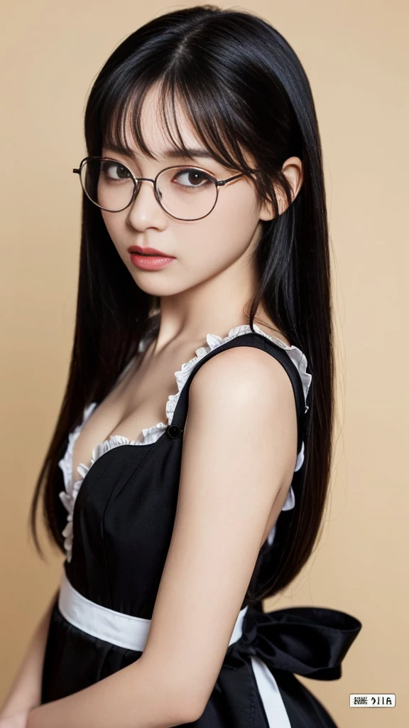 (Highest quality:1.5), (Real:1.4), (Ultra high definition:1.4), (No correction:1.4), (skinny Japanese woman with average size breasts standing front plain background in studio), (A woman wearing black-rimmed glasses), (Very small eyes), (breasts of average size), (Average height), (Cover your forehead with bangs), (Long black hair), (Dark personality expression), (Black maid outfit), (black hair woman is standing with black maid outfit front plain background in studio), (woman viewed from the front), (Plain background), (Cowboy Shot), (Cold expression), (upright), (A woman with long black hair and glasses), (Bangs that cover the forehead), (Sharp and tiny eyes)