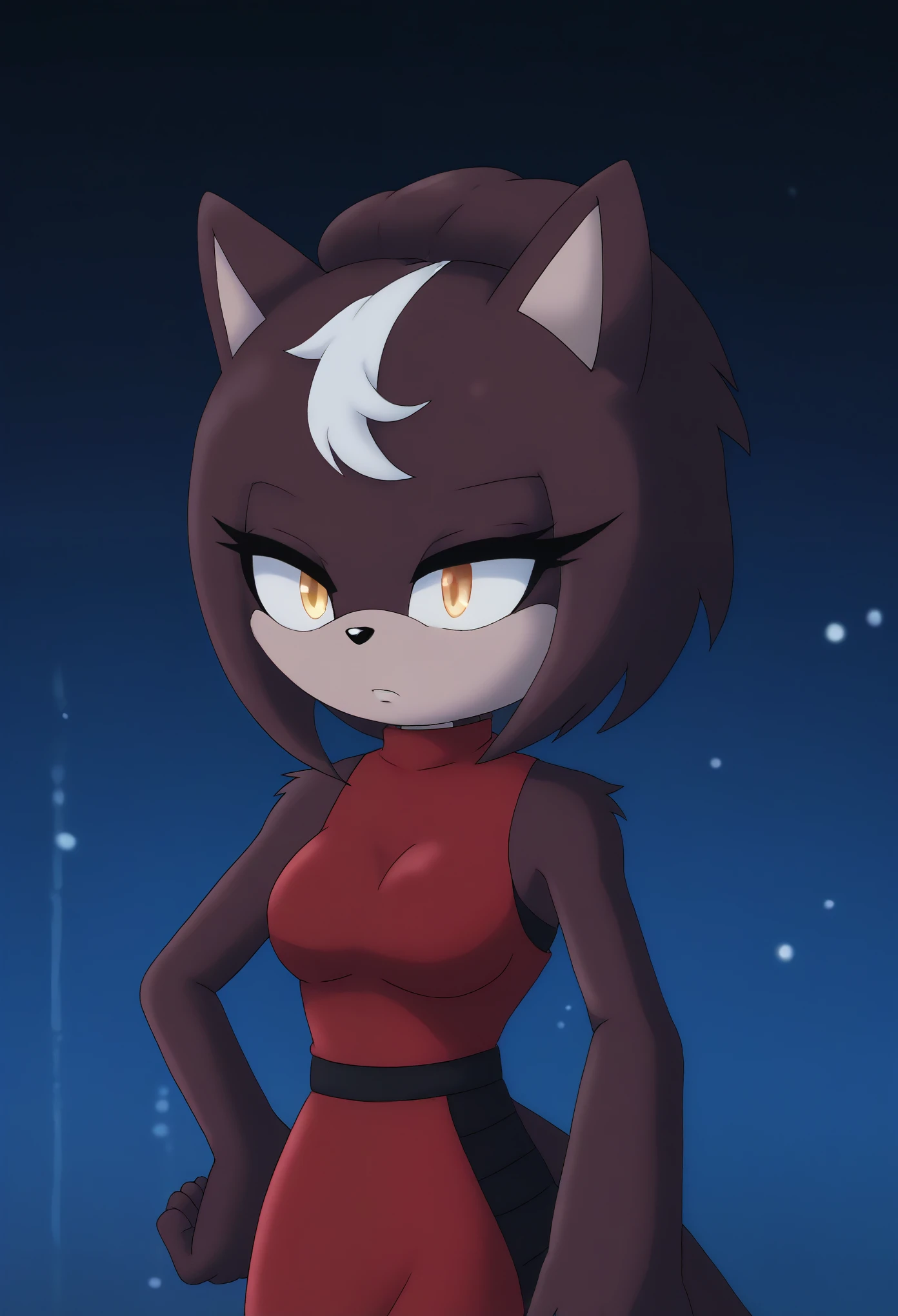 Female red wolf, (great detail), 1girl, solo, dark burgundy fur, medium hair, hair over shoulders, white highlights in hair, fringe-trim styled bangs, amber colored eyes, (high slit dress), dusk/night, cloud, dim city lights, (1girl), (solo), outdoors, tree, (tired expression), hand on hip, arm at side, looking to the side, medium breasts, upper body, fringe_trim, standing, eyelashes, mobian, Mobius city