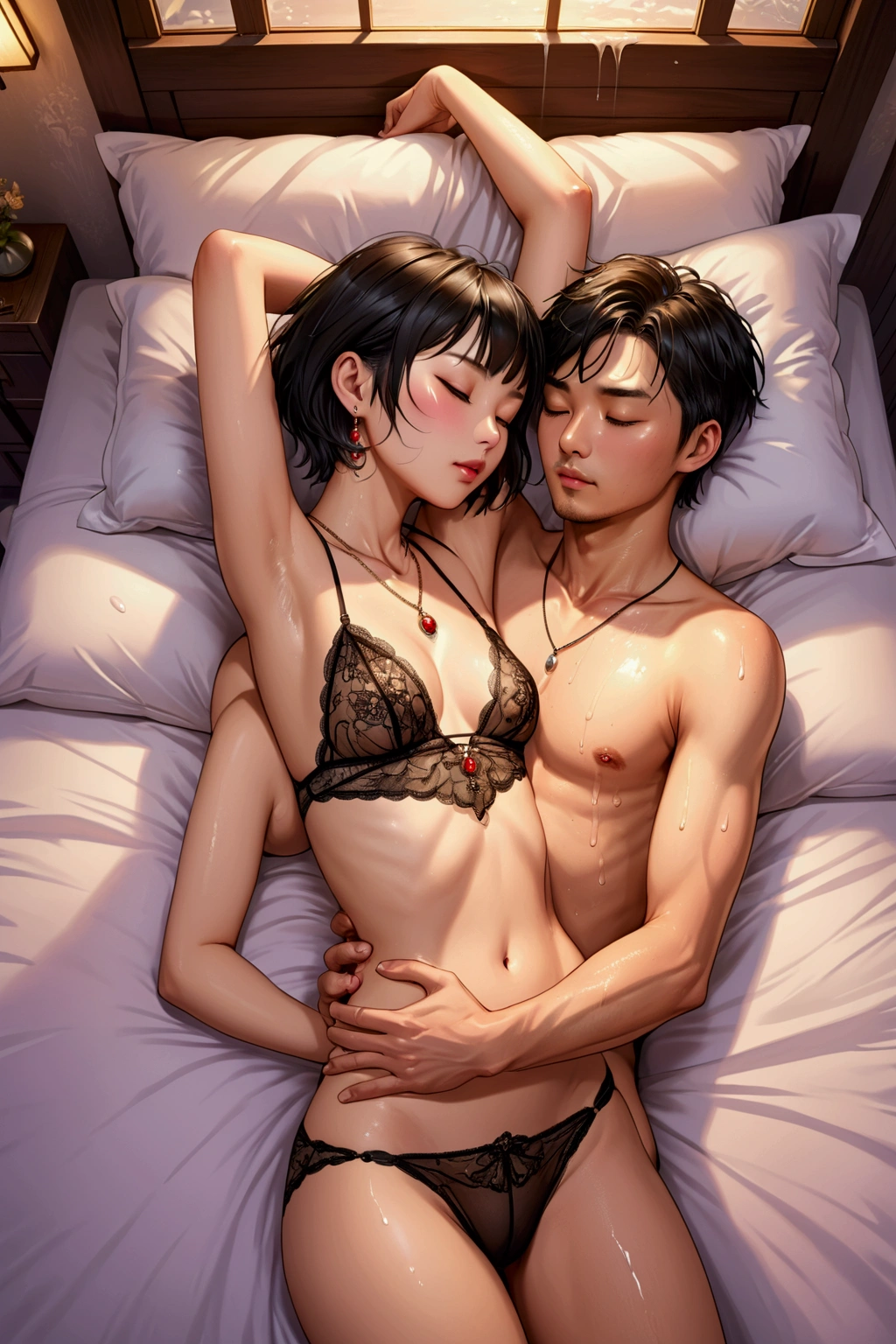 (Full body) a man have missionary sex with a lingerie dressed big hip, short hair chinese women. Closed eyes. Both sweaty. Cozy bed background. Sensual light. Wet Pubic hair and squirty. Earring a nd necklace. Hand cover face.
