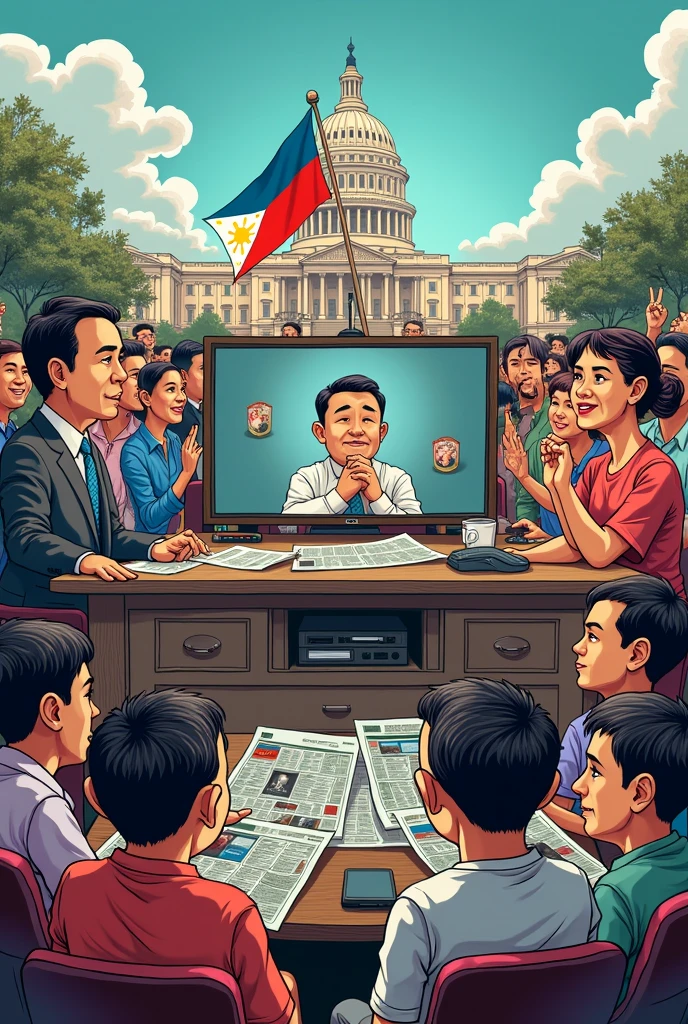 Generate me a political cartoon about how Philippine media perform it's function in the Philippines which is a democratic country 