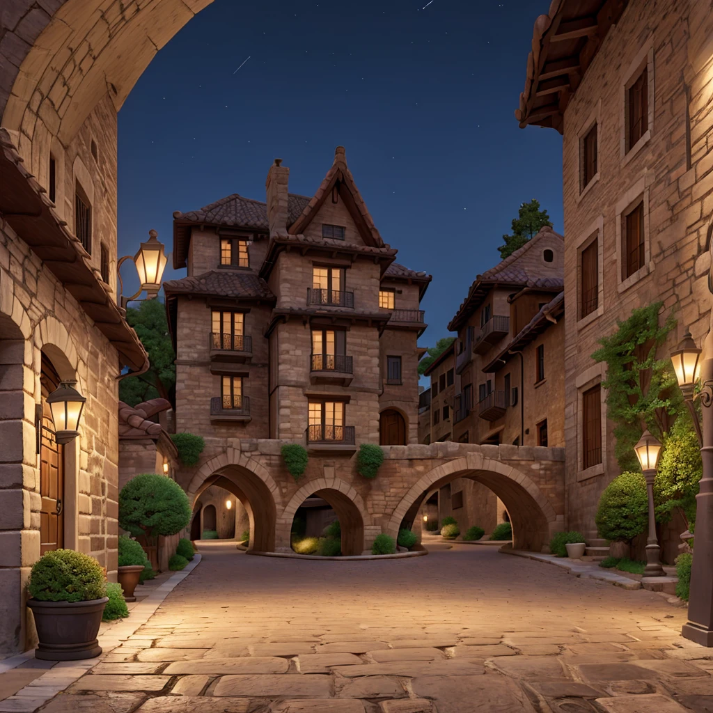 street and stone bridge at midnight between alley of old Italian style houses, with counter-point angle
