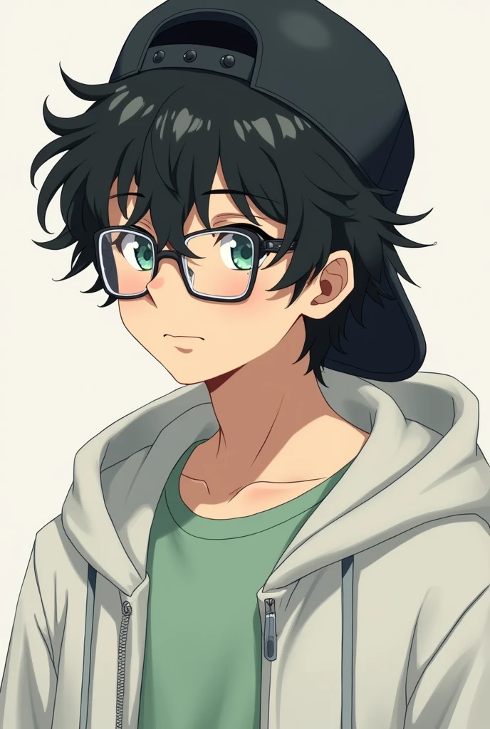 Anime boy, wear cap black, wearing T shirt light green, wear white jacket, hair is wavy and fluffy, black hair, wear glasses, wear square rimmed glasses stainless, looking something 