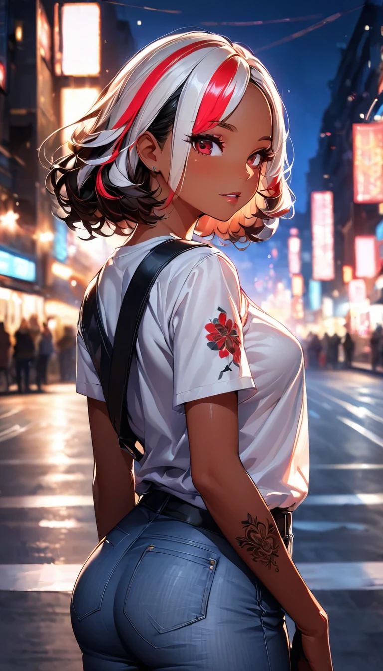 (highest quality:1.2, Very detailed, up to date, Vibrant, Ultra-high resolution, High Contrast, masterpiece:1.2, highest quality, Best aesthetics), Portraiture、girl、singer, solo, ((25-years-old:1)), Bright colors, Beautiful fine details、Beautiful lip detail、medium wave hair、red and white ((streaked hair:1.6)), highlights hair: 1.5, red eyes, (slim:1), medium breast, (tan skin:1.1), (Floral Fineline tattoo design on left arm:1), (Walking down the busy street at night:1), sparkling city lights, daypack on left shoulder, t-shirt, jeans short, long boots, looking back, cowboy shot