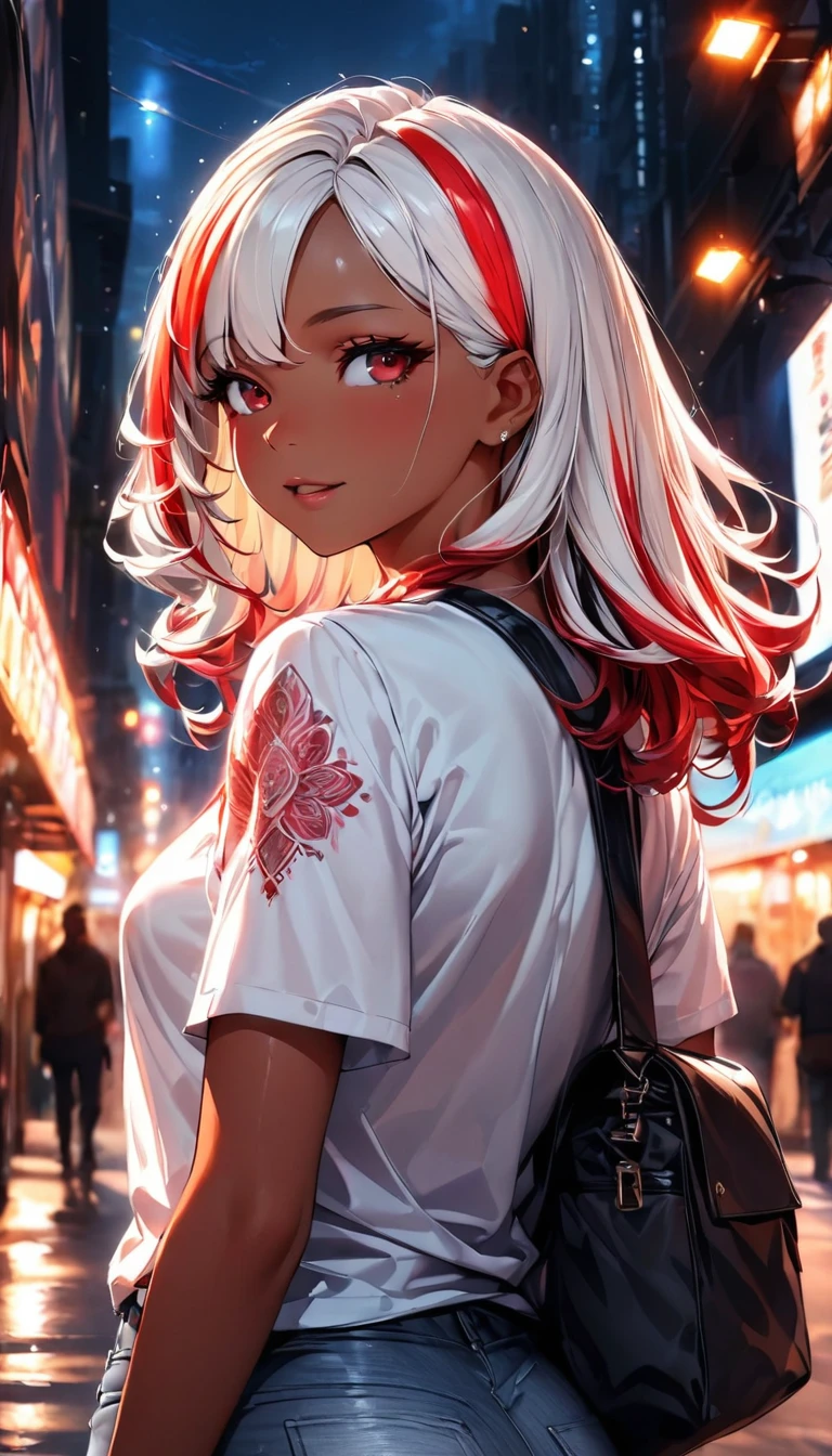 (highest quality:1.2, Very detailed, up to date, Vibrant, Ultra-high resolution, High Contrast, masterpiece:1.2, highest quality, Best aesthetics), Portraiture、girl、singer, solo, ((25-years-old:1)), Bright colors, Beautiful fine details、Beautiful lip detail、medium wave hair、red and white ((streaked hair:1.6)), highlights hair: 1.5, red eyes, (slim:1), medium breast, (tan skin:1.1), (Floral Fineline tattoo design on left arm:1), (Walking down the busy street at night:1), sparkling city lights, daypack on left shoulder, t-shirt, jeans short, long boots, looking back, cowboy shot