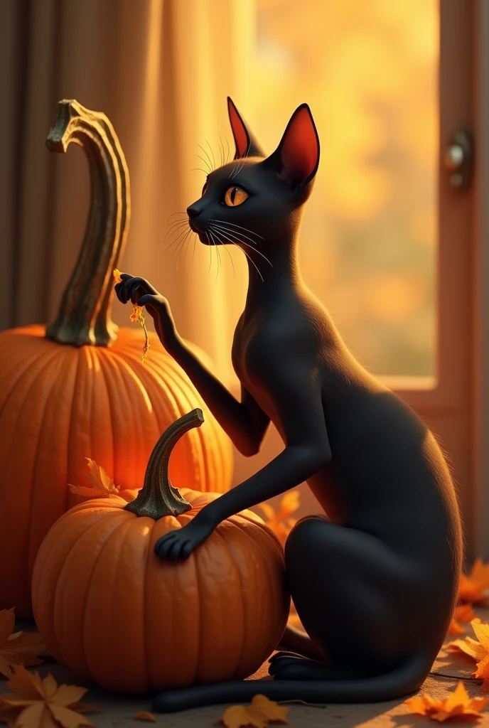a very thin cat eating pumpkin
