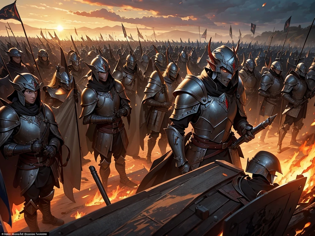 masterpiece, Best quality, The heavily armored Elven army marches in tight formation with raised banners across the burning fields., each soldier is drawn in detail