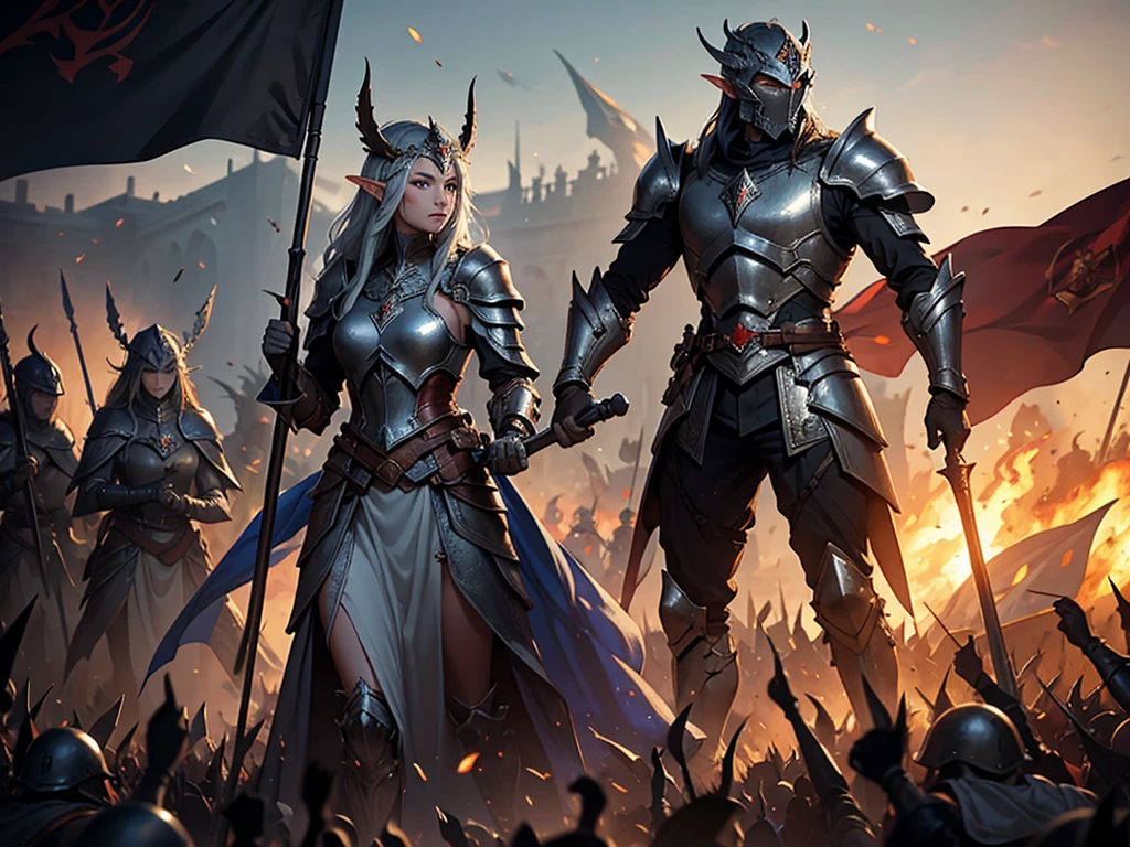 masterpiece, Best quality, The heavily armored Elven army marches in tight formation with raised banners across the burning fields., each soldier is drawn in detail