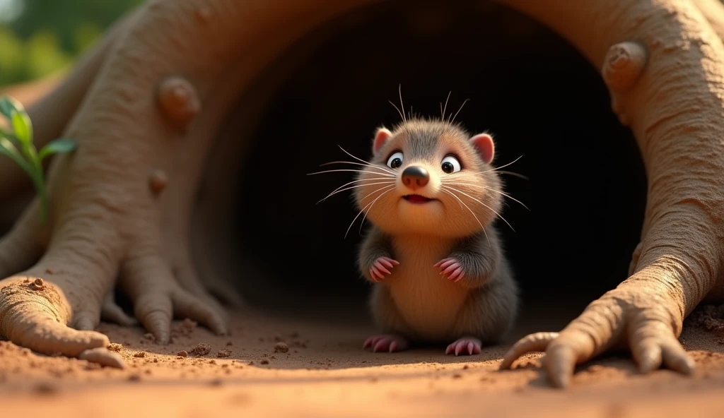 Cinematic cartoon 3d style A small, brown mole with a rounded body and tiny paws is partially out of its burrow. It has its nose raised, sniffing the air, with earthy soil and roots around it