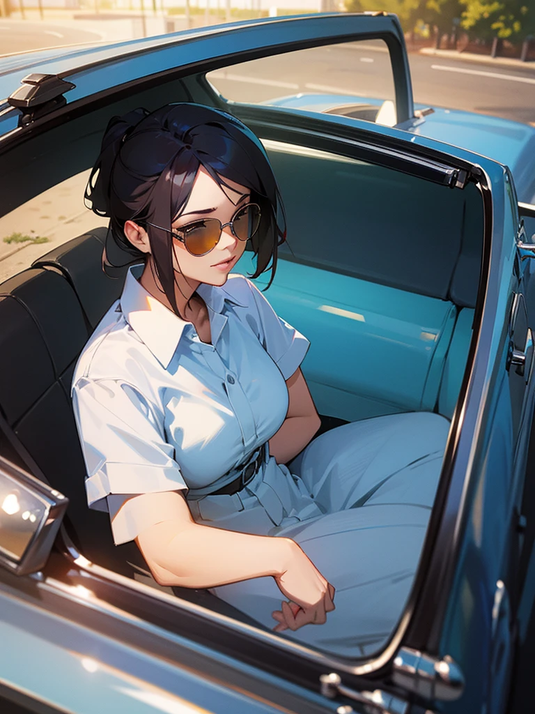 photorealistic, Cool lady with sunglasses in a convertible car.
