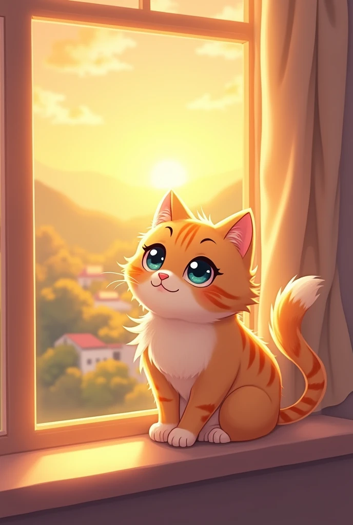 ((Anime style Cute cat Chibi Fluffy fur Big sparkling eyes)) ((Golden sunset Warm tones Soft light)) (Sitting by window Playful Curious Gentle smile) Cozy atmosphere Dreamy background Magical feel Pastel colors