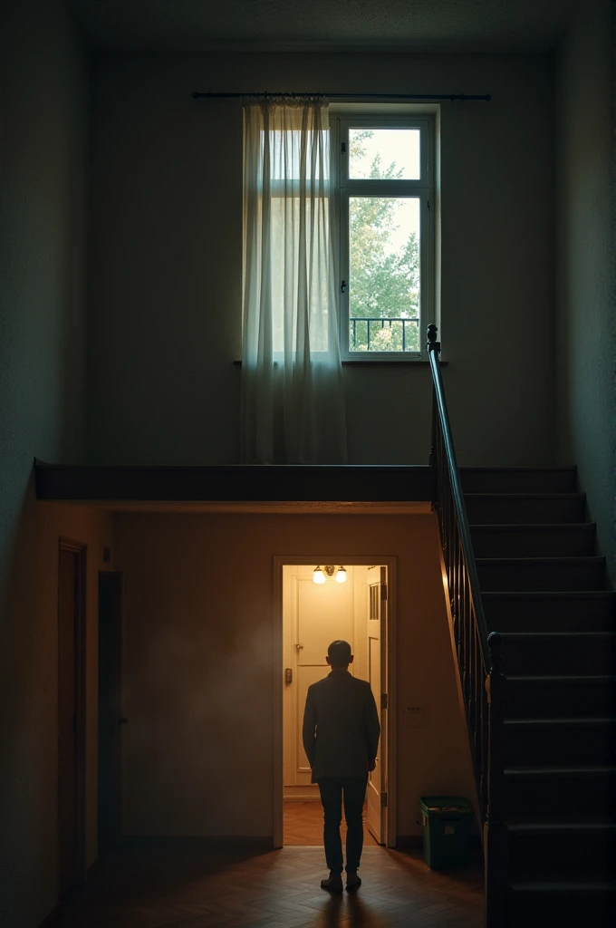 People inside (inside the house) of a two-story house with a window on the second floor, The house is empty and it's already morning, the atmosphere is lonely