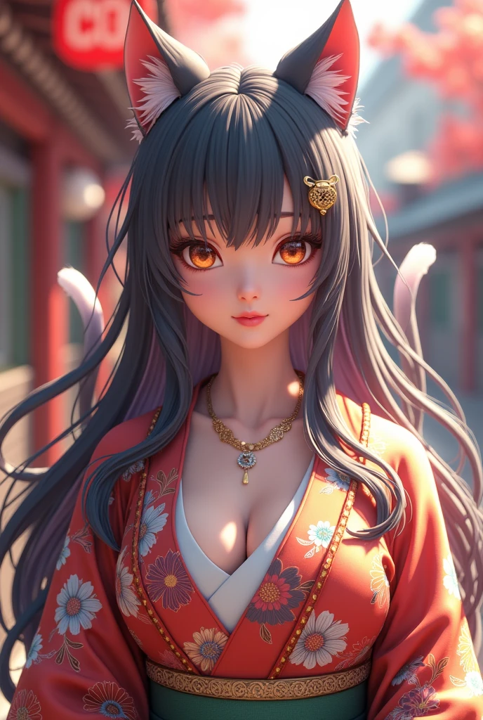 ((anime)), ((3D)), ((perfect quality)), ((masterpiece)), ((good anatomy)), feminine male, half-human, bakaneko, no chest, slim body, japanese, long multicolored, cat beauty, cat ears, 5 cat tails, detailed, cunning smile, colorful, long kimono, slight makeup, royalty, fan