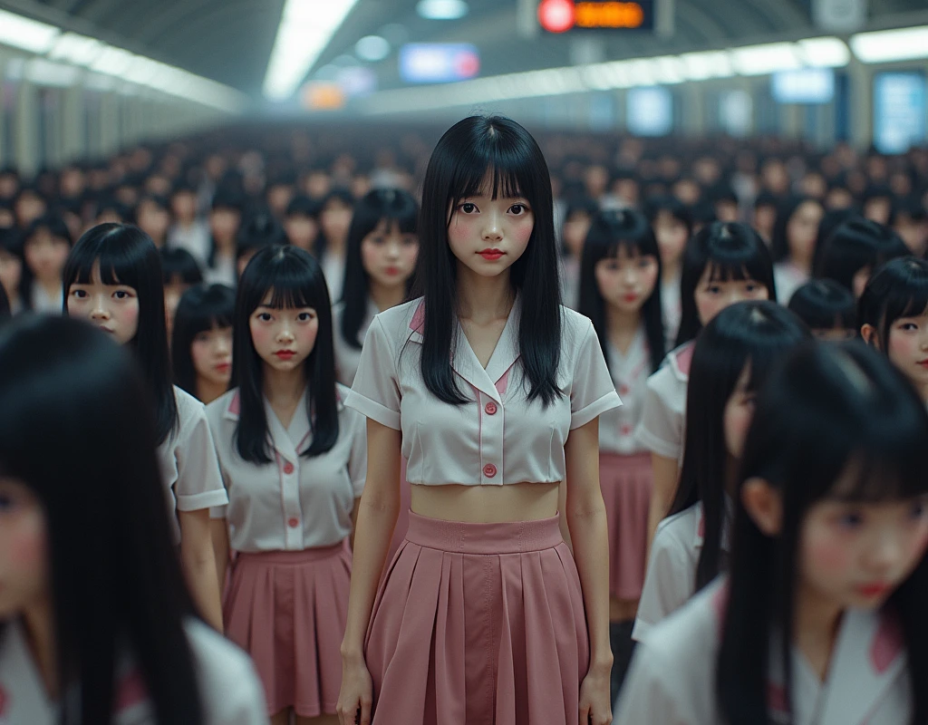 (((((Japanese Clone-girls=Myself))))), (((Super Best masterpiece Clone-girls Raw Photography Art))), (((16K, Highest quality, Ultra-high resolution, RAW Photos))), (((It's so unrealistic., With unparalleled depiction, With an unfathomable sight, An unprecedented and shocking worldview, Clone-girls: In a world of mass reproduction, Ultra-realistic))), (((Japanese Girls, Yokoyama-Yui, 18yo, Small face, Thick black hair, long hair, Dark Eyes, Mature face, Cute Smile, Smiling face, A gentle gaze, (((Very pleasant look)))))), (((Very beautiful detailed girls, Accurate body structure, Accurate body movements, Very detailed body, (((Super big breasts, Large bulge of ample breasts)))))), (((High school girl's summer uniform, Short sleeve, mini skirt, hour々I can see your pants, Cleavage Emphasis, Emphasise the fullness of your breasts))), ((((((((Very detailed, Myself cloning, Depiction of splitting oneself, 1Myself girl→1,000,000,000,000,000,000,000,000,000,000Myself cloning girls)))))))), (((((((Myself clone-girlsから, Myself keeps multiplying, (Very detailed and intricate, To the exact, Flawless, (((In the same female body,With the same face, With the same hairstyle, In the same clothes, At the same height, 同じSuper big breastsである))), In a detailed depiction), 1,000,000,000,000,000,000,000,000,000,000 people))))))), (((((Myself girls only))))), (((((1,000,000,000,000,000,000,000,000,000,000Myself girls))))), (Very detailed, On the platform of a certain station in Japan, A crowd of Myselfs waiting for a train, Depicting yourself moving and standing, View from the train side), Where the wind blows, A super crowded scene, (Very detailed depiction, Clear and accurate perspective depiction, Ultra-wide field of view, wide view, Focus on the average value of the image)