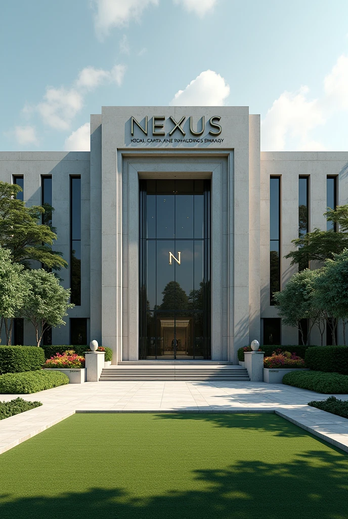 An image of a Corporate embassy  put the words Nexus Global Capital and Equity Holdings Embassy I want it to have the words Nexus Global Capital and Equity Holdings Embassy on a concrete.The building has its own compound that is extremely developed with grass, trees and flowers expose the words Nexus Embassy ok I like this one don't change it