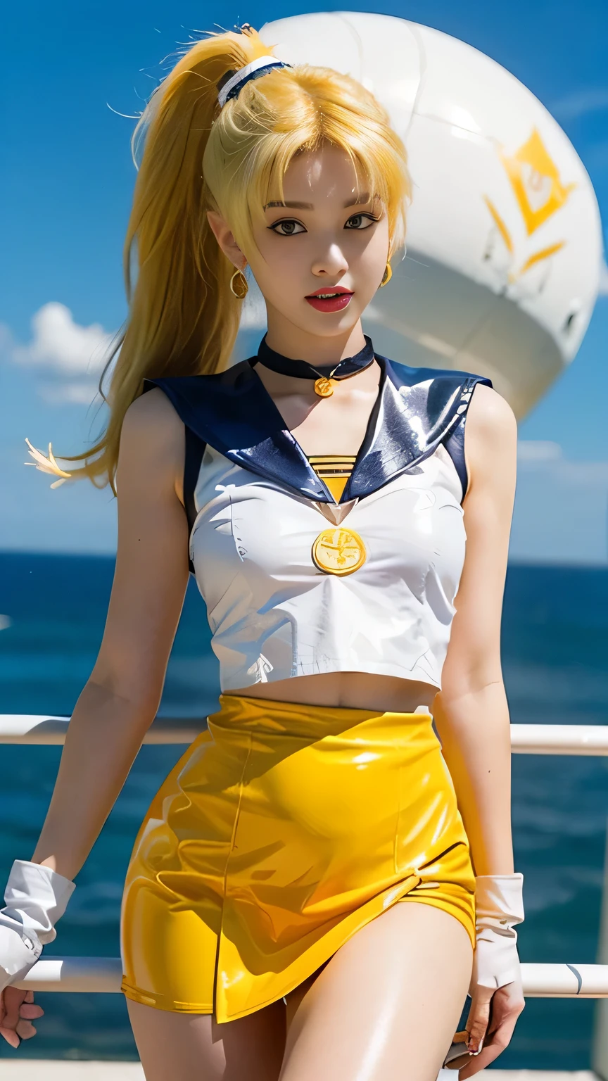 ((masterpiece:1.4)、(highest quality:1.4)、(Realistic:1.7))、Masterpiece:1.4、(Top-notch rendering:1.4)、beautiful girl、(Beautiful girl Sailor Moon 2:1.7)、MoonWild Rabbit、(Body Fit Sexy Sailor Warrior Uniform:1.4)、(Shiny latex:1.7)、(The jacket is a white sleeveless sailor suit....:1.4)、(Skirt Blue Sexy Ultra Ultra Pleated Mini Skirt:1.4)、The sailor suit collar has two thin blue lines...............:1.2、High leg swimsuit、Red cloth decoration on chest:1.2、(Wearing white gloves)、Cute Girl、Super Beauty、Sharp Focus、Portrait Photography:1.4、8k、Photorealistic images:1.4、(Perfect female body:1.4)、Perfect proportions、(Upper body shot:1.4)、Beautiful Face、Beautiful Eyes、(Narrow waist:1.4)、(9-body proportions beautiful girl:1.4)、(A beautiful girl with long legs and a good figure:1.4)、Beautiful feet:1.2、(Yellow Hair:1.4)、(Long Hair:1.2)、(ponytail:1.2)、Beautiful breasts、Large Breasts:1.2、sexy ass、Raw photo、Red lips、Red high heels:1.4、choker:1.4、necklace:1.4、Earrings:1.4、Gorgeous golden tiara:1.4、1 Screen Display:1.4、moon、universe、spaceship、Universe Station、City of the Future