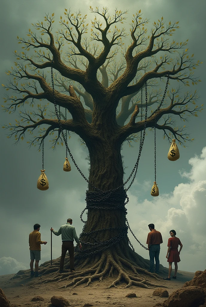 Create an ominous, gnarled tree in the center of the image to symbolize corruption. The tree has twisted branches and visible roots that spread out across the ground. Hanging from the branches are several bags of money, each marked with a currency symbol, representing stolen wealth. At the base of the tree, near the roots, show a tipped-over scale of justice to signify how corruption has disrupted fairness and law. Wrapped around the tree’s trunk is a heavy chain, with people at the base trying to break free from it, symbolizing how corruption traps and limits ordinary citizens. Finally, depict withered leaves falling from the branches, some scattered on the ground, to indicate the decay and harm caused by corruption.