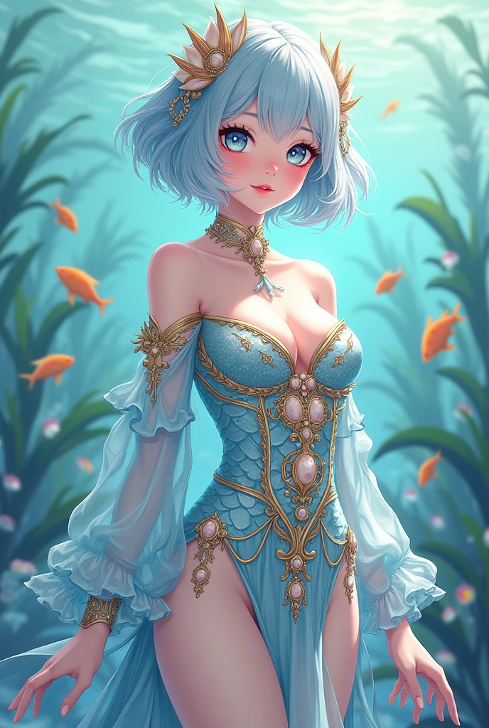 Ocean sea shell character outfit anime fish plant queen octopus girl body seashell anime digital short hair