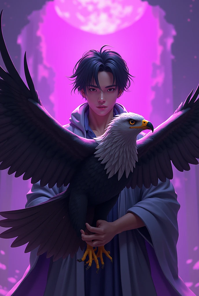 Digital manhwa 3d of (jaemin) with a Flat face and thick eyebrows, holding an eagle with an epic purple background