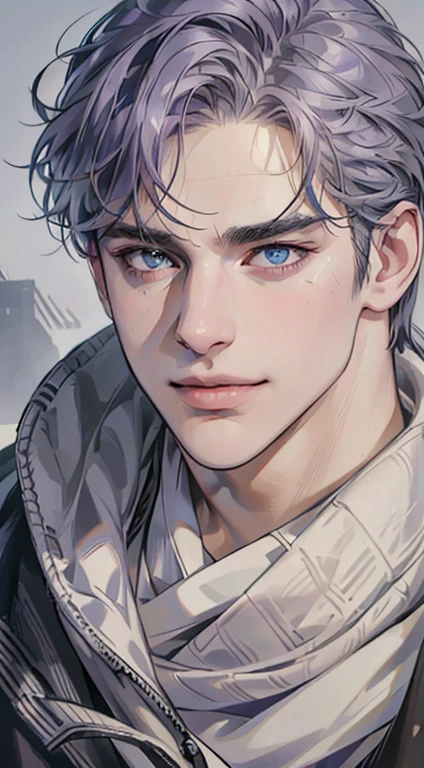 (best quality,4k,8k,highres,masterpiece:1.2),ultra-detailed,(realistic,photorealistic,photo-realistic:1.37),1 man,3,mature man,very handsome,without expression,smile,short grey purple hair,blue eyes,penetrating gaze,perfect face without errors,imposing posture,businessman,office background,cinematic lighting,hdr image