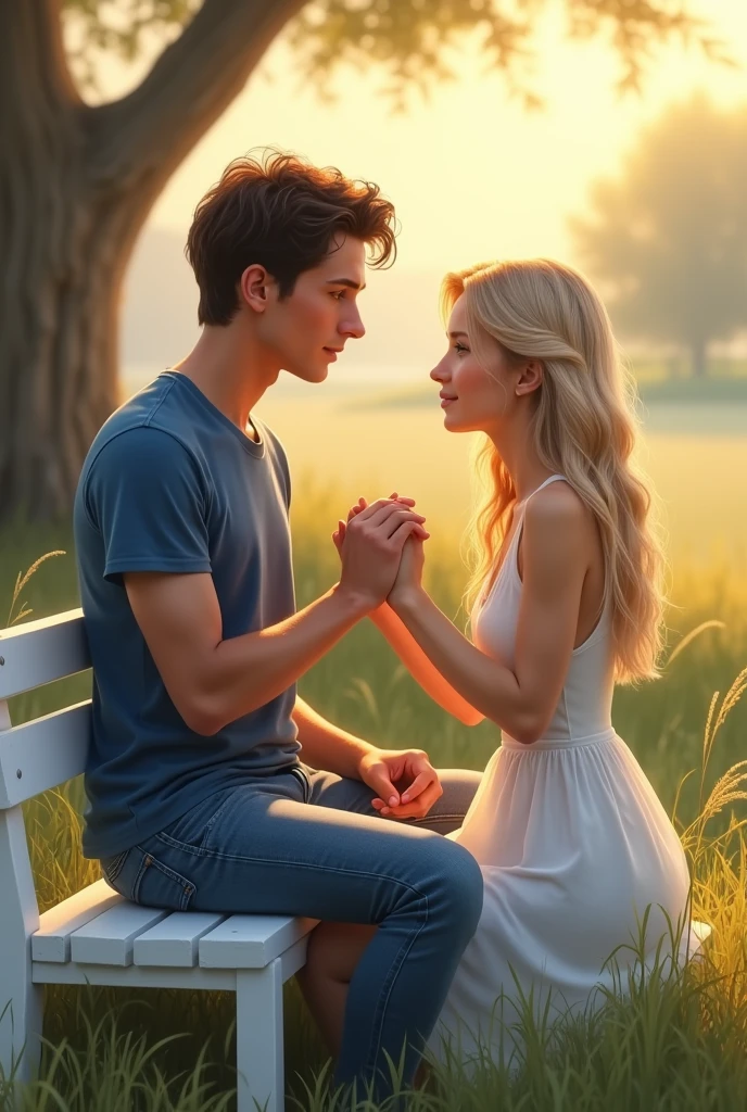 A realistic picture of a handsome young man of twenty, with a fair complexion, dark brown hair, and brown eyes, sits on a white bench in a village setting. He wears a blue t-shirt and denim jeans, his attention focused on the young woman beside him. She, also twenty, has fair skin and long, straight blond hair, and wears a white sleeveless dress. The evening sun casts a warm glow over the scene as she gestures animatedly, trying to explain something to him. Their hands are clasped together, and the surrounding grasses sway gently in the soft breeze, creating a peaceful, sunlit atmosphere.