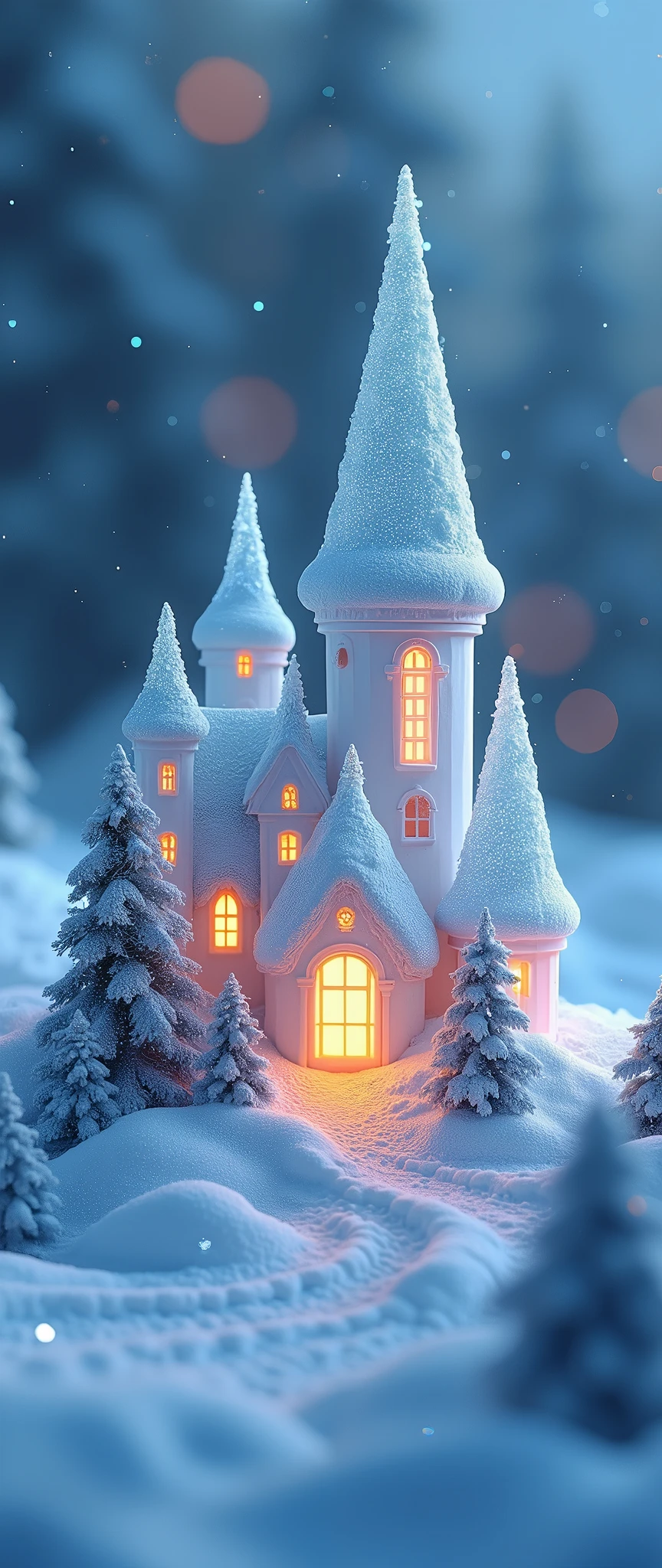 (masterpiece:1.2,Exceptional Quality,mirror-like,Cinematic Experience,Photorealistic,RAW Photos,Super detailed),8k,wallpaper,(Diamond dust:2.0),(Made of ice:2.0),(Cute ice castle:2.0),(Snow glow:2.0),Artistic,Light of the sun,Isometric 3D diorama,(light up:2.0),(night:2.0)