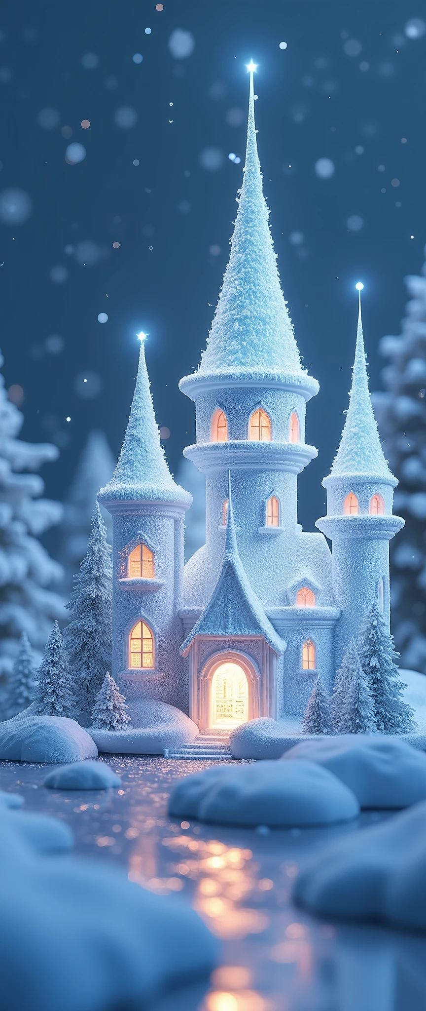 (masterpiece:1.2,Exceptional Quality,mirror-like,Cinematic Experience,Photorealistic,RAW Photos,Super detailed),8k,wallpaper,(Diamond dust:2.0),(Made of ice:2.0),(Cute ice castle:2.0),(Snow glow:2.0),Artistic,Light of the sun,Isometric 3D diorama,(light up:2.0),(night:2.0)