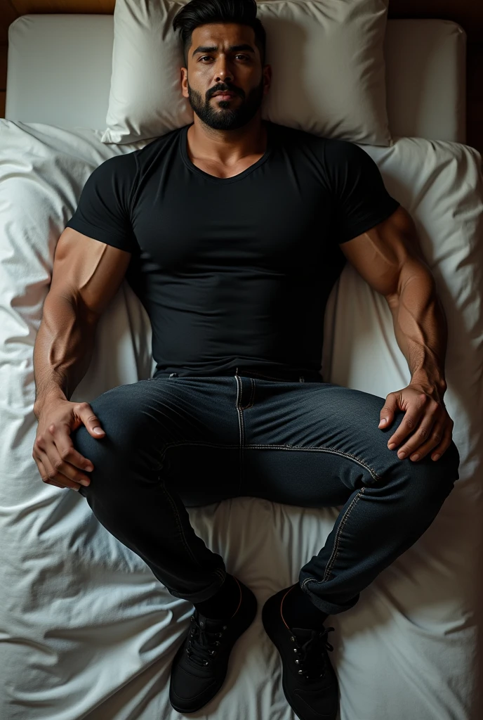 Top view of full body image of Handsome hot very muscular light bearded muslim pathan gym hunk stud wearing tight black compression suit and tight black shirt and black jeans and black sports shoes with black socks is lying on bed