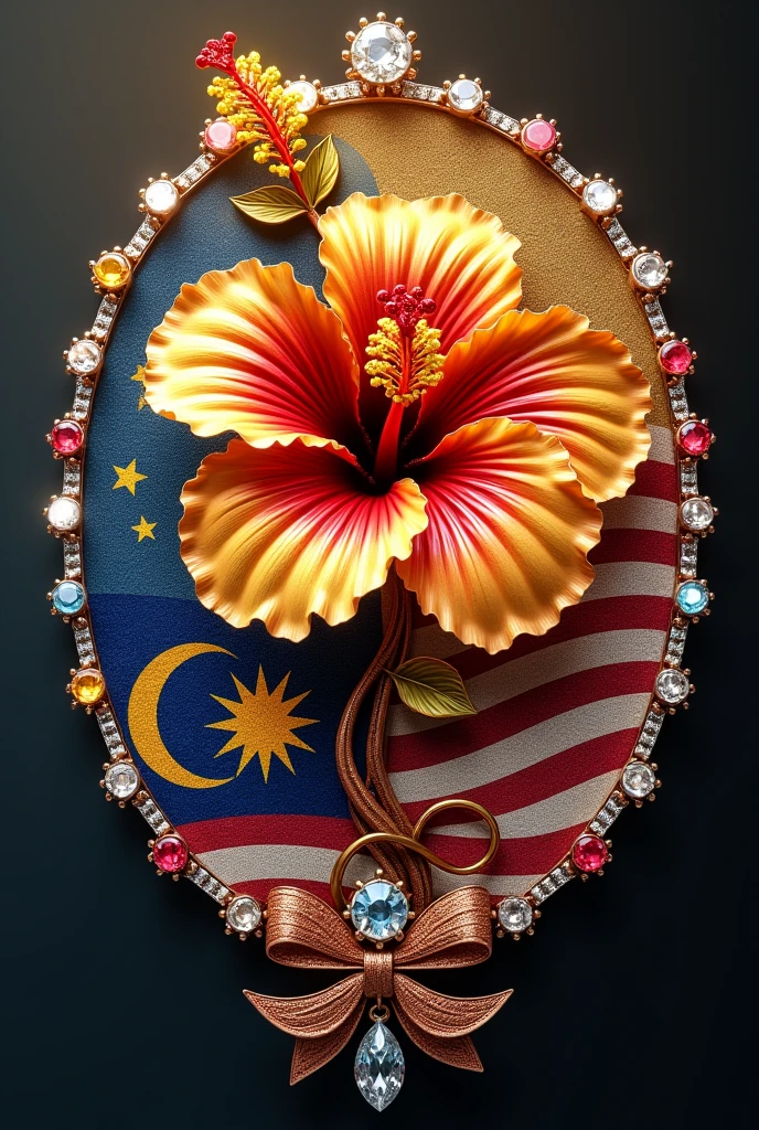 Brooch hibiscus shape with malaysian flag as the background in the brooch in diamond with yellow, blue, red and white glowing diamonds scattered and ZULIANA inside ribbon under it