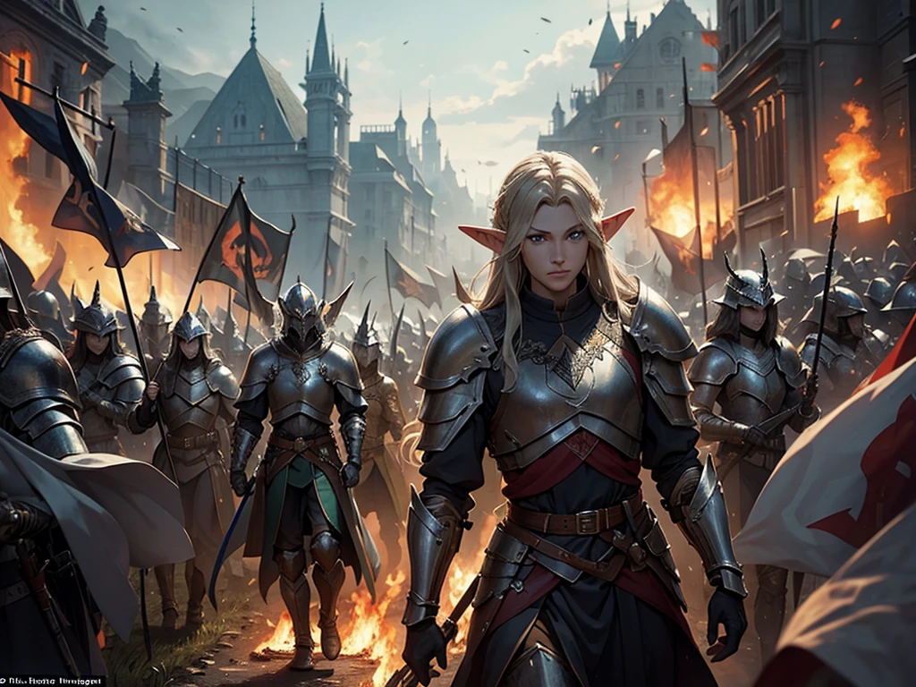 masterpiece, Best quality, The heavily armored Elven army marches in tight formation with raised banners across the burning fields., each soldier is drawn in detail