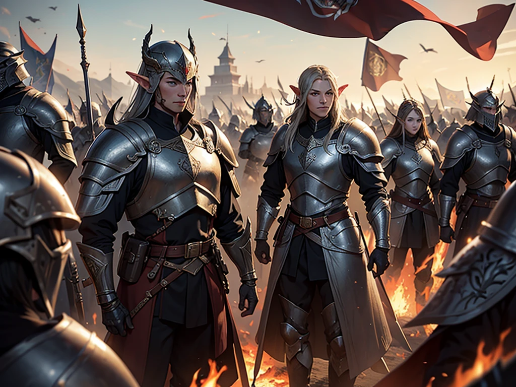 masterpiece, Best quality, The heavily armored Elven army marches in tight formation with raised banners across the burning fields., each soldier is drawn in detail