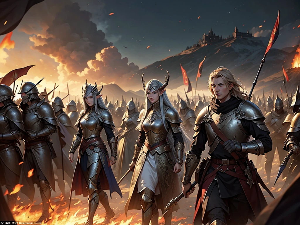 masterpiece, Best quality, The heavily armored Elven army marches in tight formation with raised banners across the burning fields., each soldier is drawn in detail