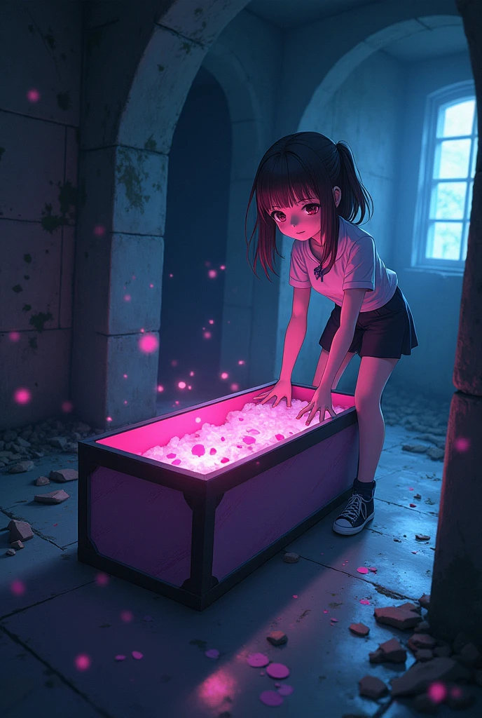 make an image that the teen girl discover a coffins anime
