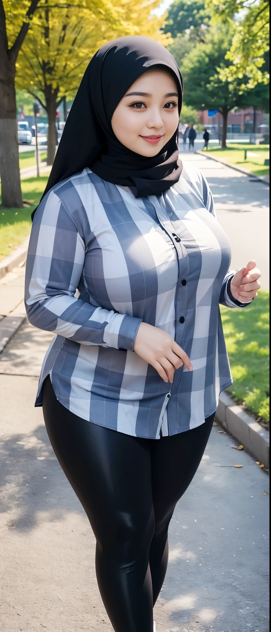 the best masterpiece, chubby hijab woman, beautiful Asian face, full breasts, wearing a checkered shirt, wearing sport leggings, walking in the city park, smiling sweetly, facial details, body details, ultra detailed, realistic quality, fullbody
