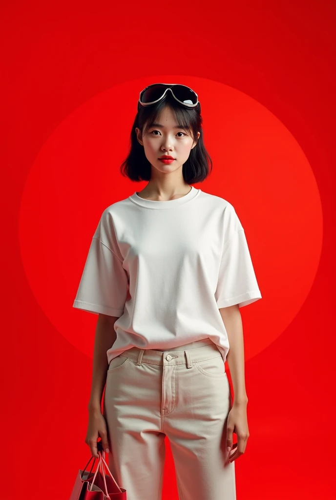 Same girl with the Red background and the t -shirt colour is pure white and medium size t shirt and the girl wear a black colour googles and a shopping bag in her hand . Make sure she stand in different angles and poses