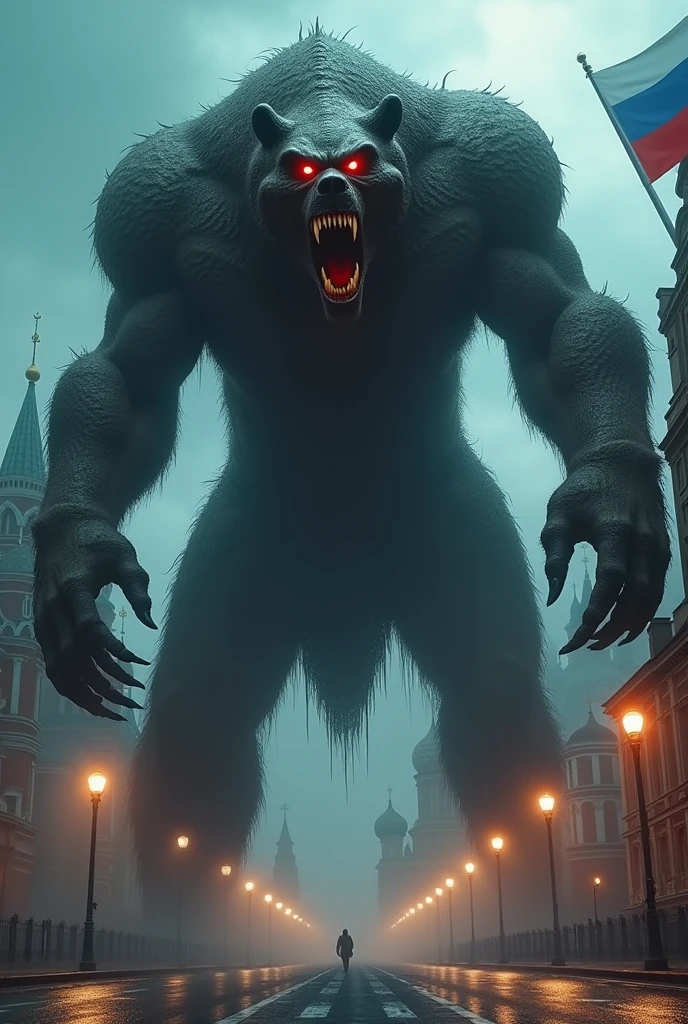 draw russia if he was a scary monster. super realistic style. cinematic style. moscow street background. flag of russia