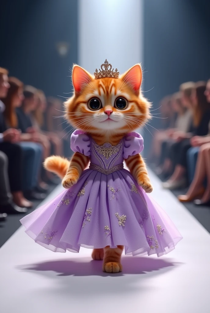 (photorealism:1.2), a cute ginger cat wearing sleeping beauty clothes walking on the runway 