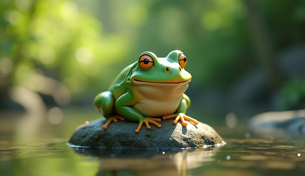 Cinematic cartoon 3d style The frog on the rock blinks its eyes slowly and opens its mouth slightly to emit a soft croak. The scene captures its calm and friendly demeanor.