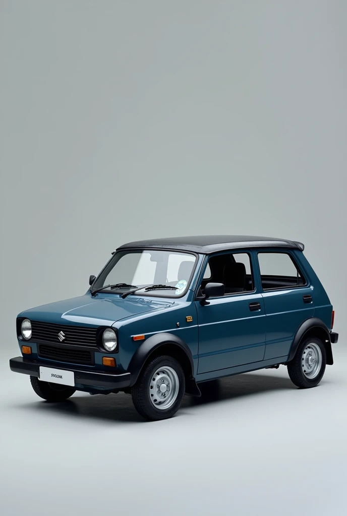 A car , company : Maruti Suzuki, model: Zen estilo old model, body deep blue color , top roof black color. With rain guard and spoilers Create the image. Use side view , full car must shown. Give option to choose 2 or more design