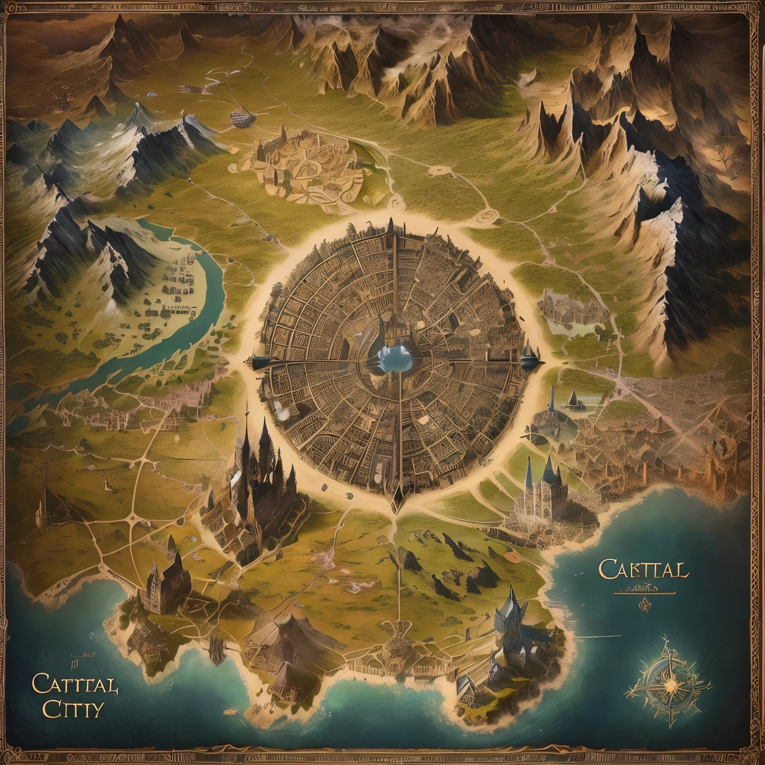 a map of the city of capital city in the middle of the world, fantasy capital, steam workshop maps, intricate from baldurs gate, elden ring capitol, detailed fantasy map, big and structured valhalla city, d&d style fantasy map design, Game Map Matte Painting, medieval city map, Isometric fantasy map, medieval town