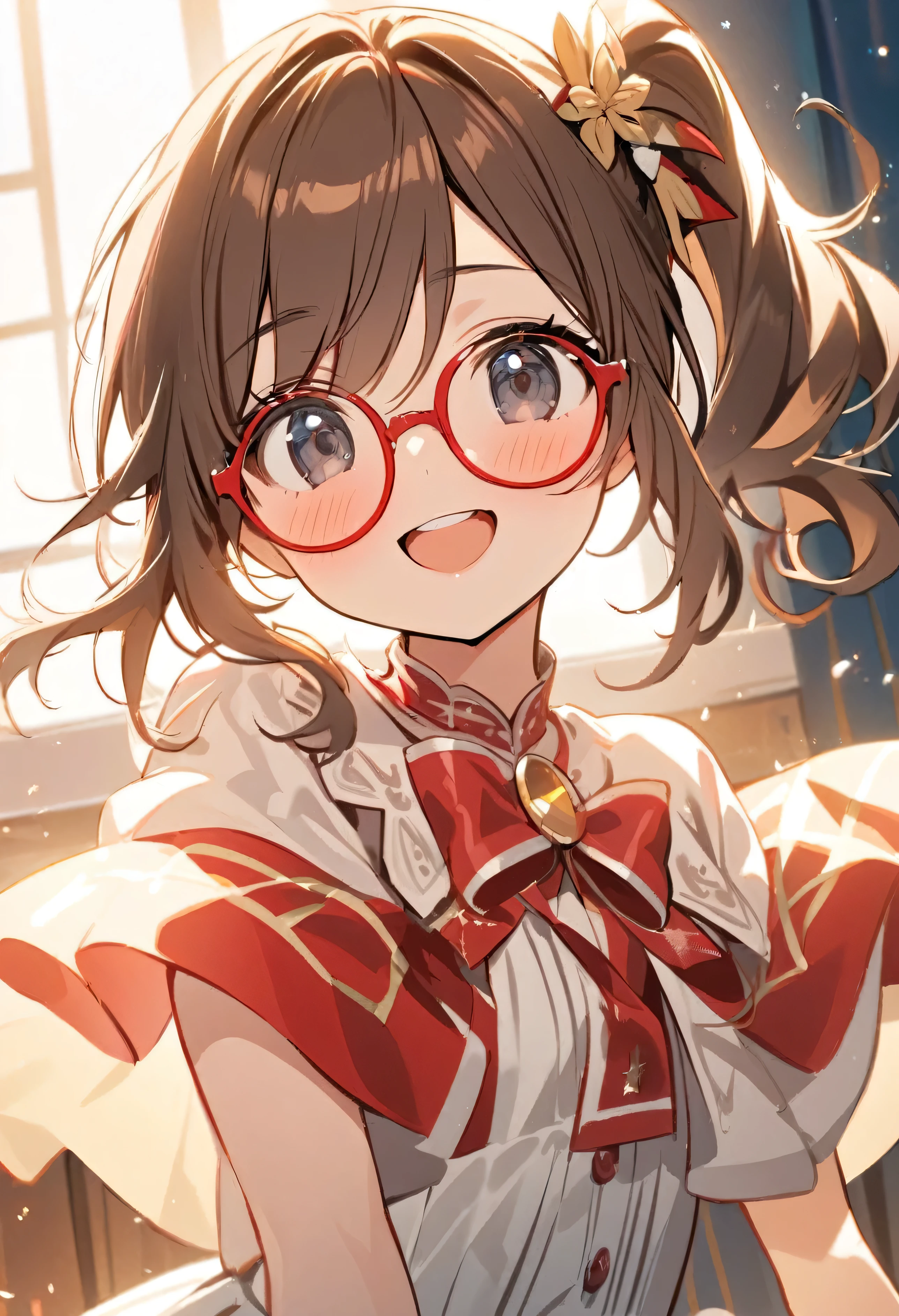 1girl,,brown hair,black eyes, (red round eyewear), side ponytail,smile, blushful,Now the dreams and miracles that start running shine, the gushing beat, embrace me, yeah! I'll sing, the hot sparkling feelings won't stop anymore, reach out higher, with you, with you, with you, let's go forward.