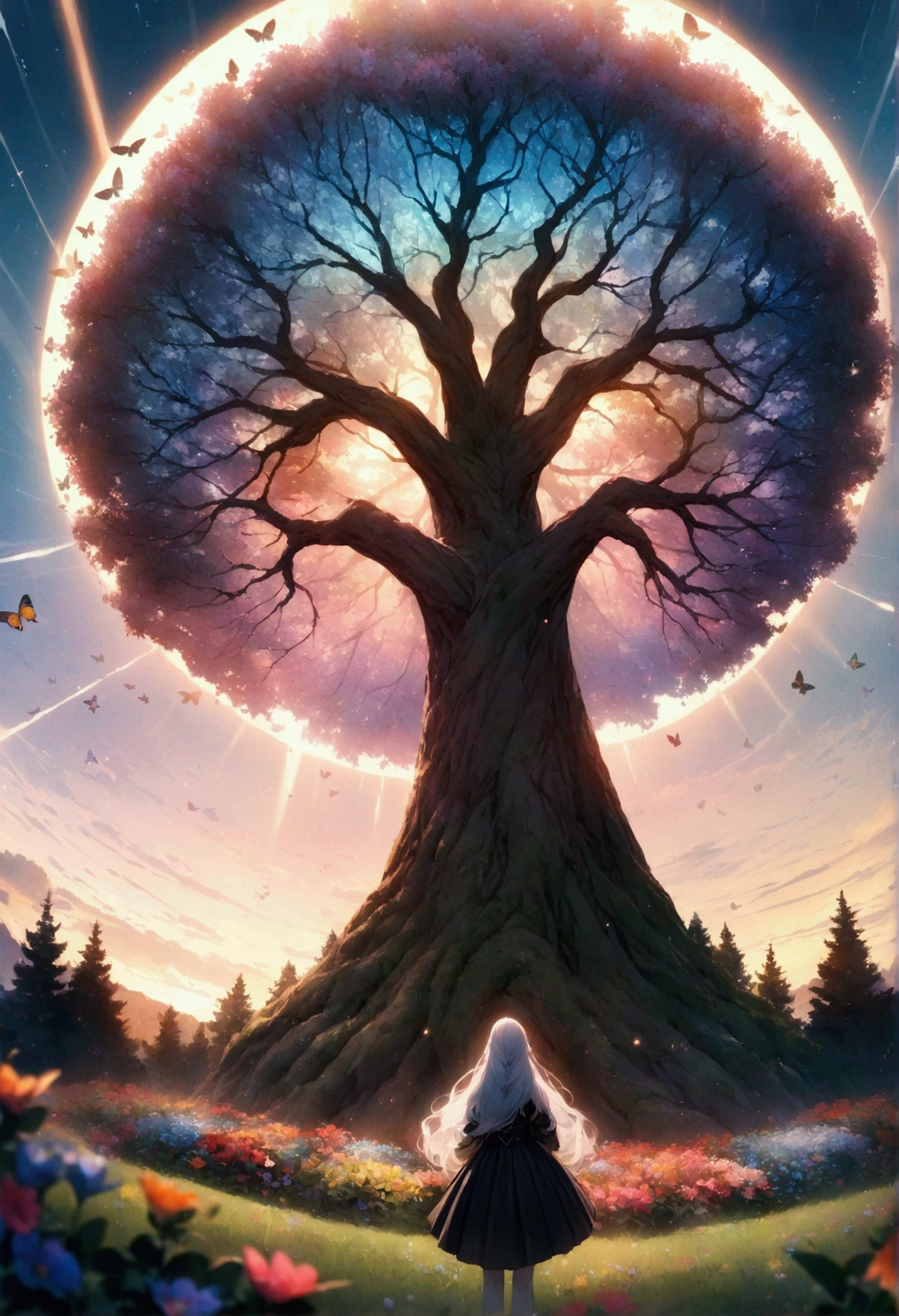 (woman\(student, , ＪＫ, Long Hair, Colorful eyes, Pale skin，) Looking up at the sky), (Many butterflies flying in the sky), Beautiful sky, summer，Colorful flowers are blooming everywhere, Mysterious and dreamy ,Giant Tree，quality\(8k,CG wallpaper, masterpiece,High resolution,top-quality,Surrealism,Increased resolution,RAW Photos,Best quality,Very detailed,Light,Ray Tracing,Golden Ratio)