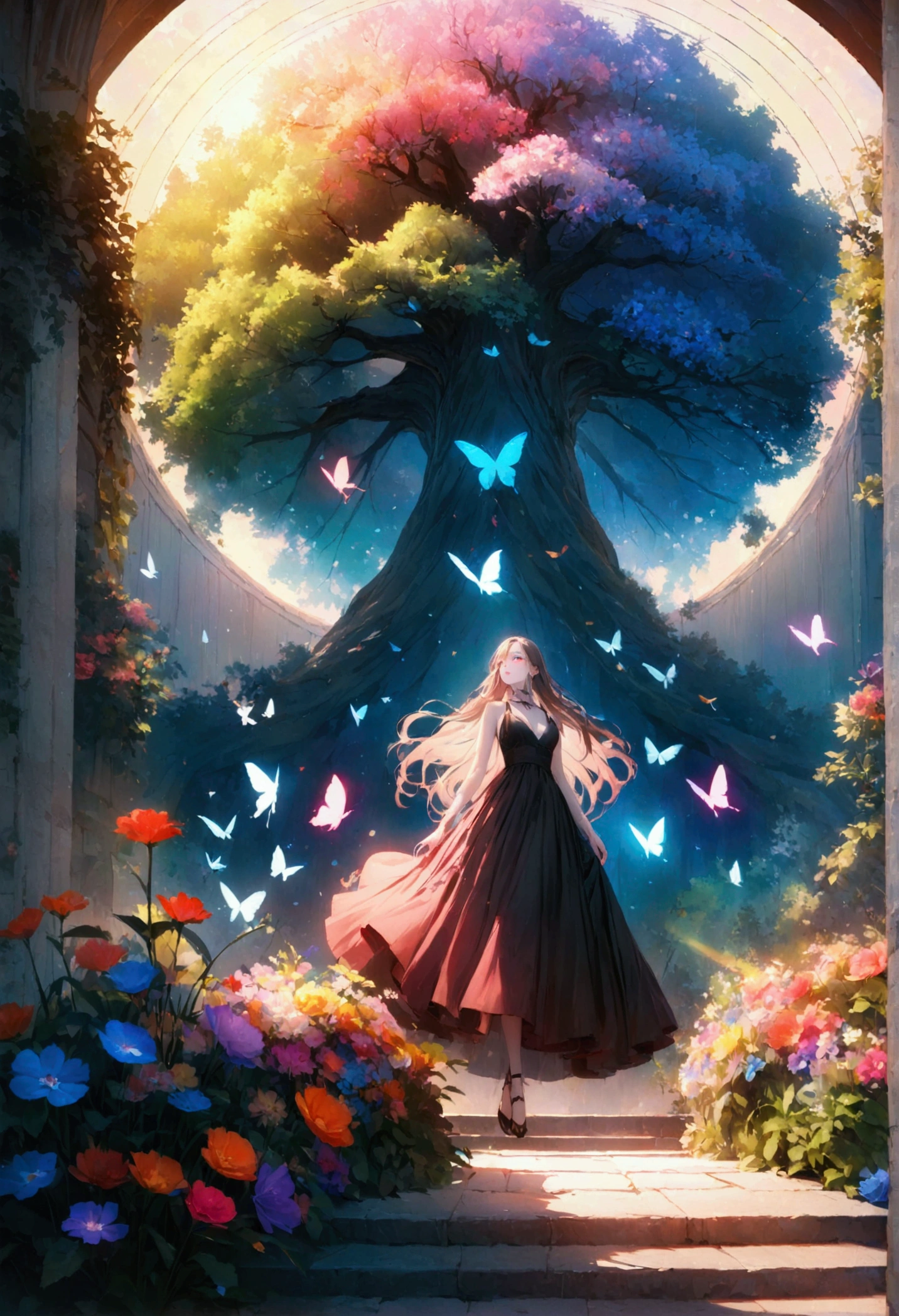 (woman\(student, , ＪＫ, Long Hair, Colorful eyes, Pale skin，) Looking up at the sky), (Many butterflies flying in the sky), Beautiful sky, summer，Colorful flowers are blooming everywhere, Mysterious and dreamy ,Giant Tree，quality\(8k,CG wallpaper, masterpiece,High resolution,top-quality,Surrealism,Increased resolution,RAW Photos,Best quality,Very detailed,Light,Ray Tracing,Golden Ratio)