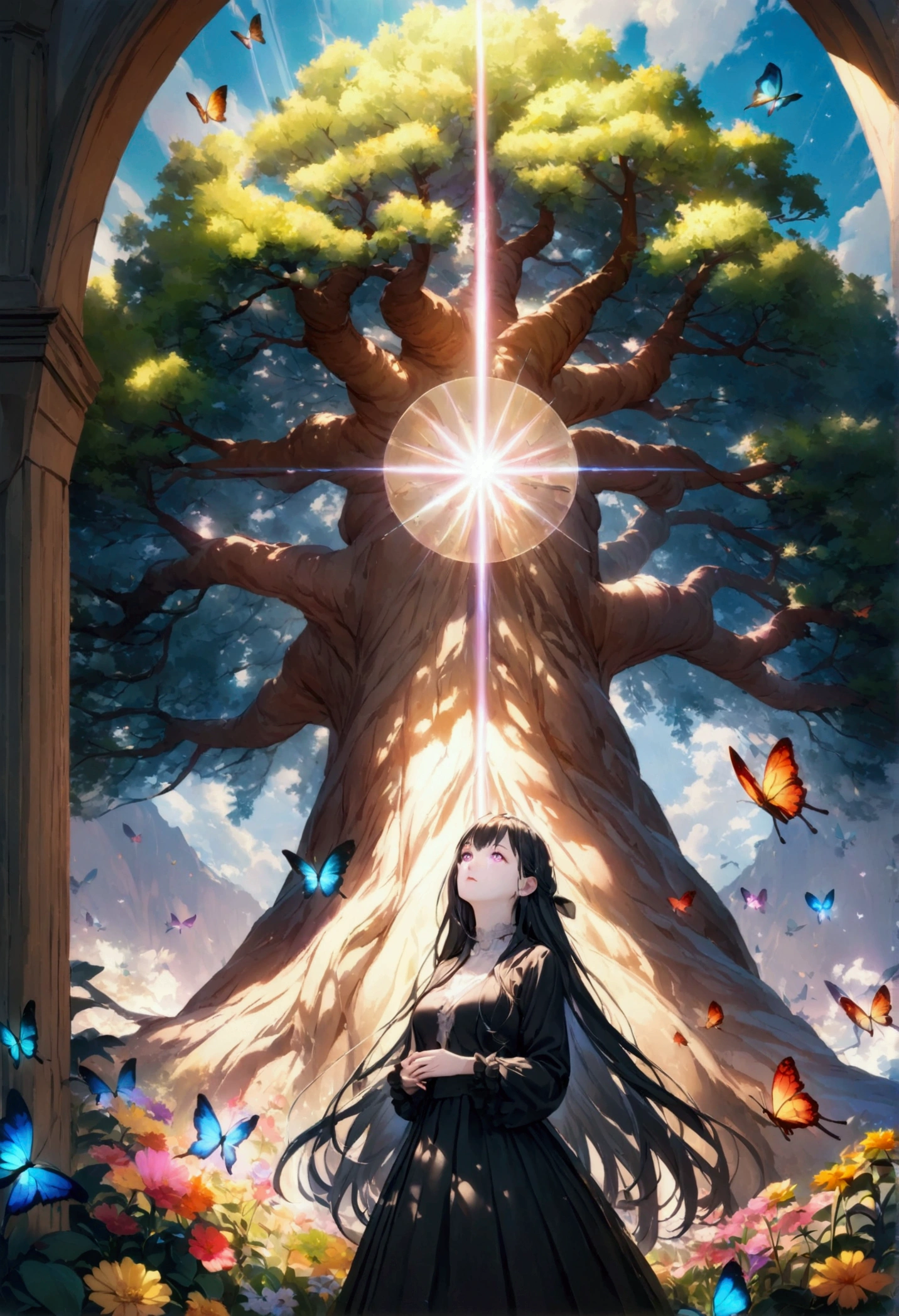 (woman\(student, , ＪＫ, Long Hair, Colorful eyes, Pale skin，) Looking up at the sky), (Many butterflies flying in the sky), Beautiful sky, summer，Colorful flowers are blooming everywhere, Mysterious and dreamy ,Giant Tree，quality\(8k,CG wallpaper, masterpiece,High resolution,top-quality,Surrealism,Increased resolution,RAW Photos,Best quality,Very detailed,Light,Ray Tracing,Golden Ratio)