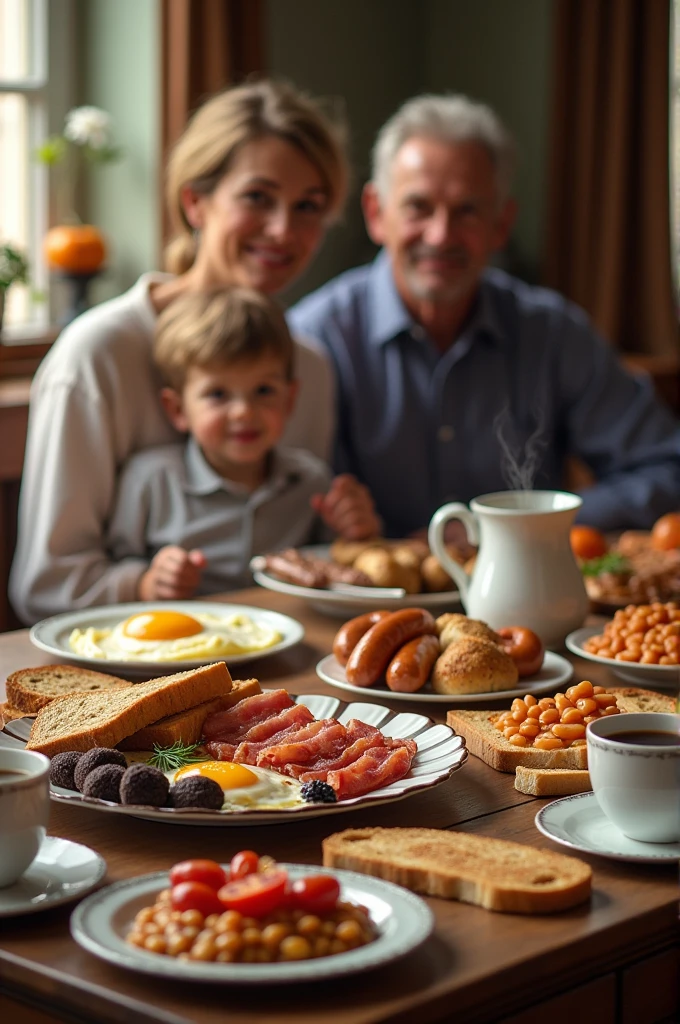 A man woman and a  are sitting at a table. The table is spread with bacon, saúsagés, scrambled eggs, black pudding, baked beans, tomatoes, mushrooms, fried bread, toast, with coffee and tea. They are enjoying.