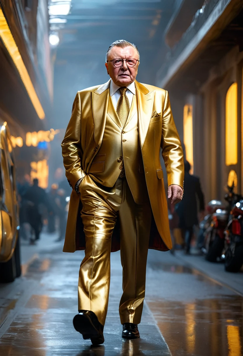 an epic cinematic frame of a dynamic masterpiece, Best quality,hyper detailed,Ultra detailed,
Vladimir Zhirinovsky was dressed in a gold suit and stood, with one hand in his pocket.,Real leather, luxurious golden suit, The background is light , shot to the waist, hips,Rambrandt Lighting, On the move. the main theme of a big-budget action movie. RAW photo, Blur. Best quality, High Resolution