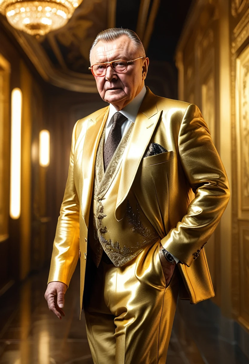 an epic cinematic frame of a dynamic masterpiece, Best quality,hyper detailed,Ultra detailed,
Vladimir Zhirinovsky was dressed in a gold suit and stood, with one hand in his pocket.,Real leather, luxurious golden suit, The background is light , shot to the waist, hips,Rambrandt Lighting, On the move. the main theme of a big-budget action movie. RAW photo, Blur. Best quality, High Resolution