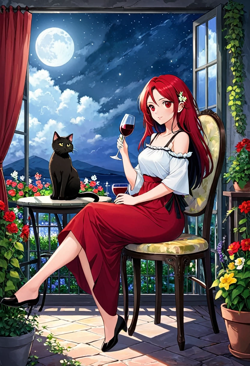 beautiful woman, (((full body))), ((background outdoor house)), (best quality), 1girl, solo A room with glass windows, curtains, a young woman with long black hair, red hair , White eyes with red pupils stare at sky, sitting on a chair, She is sitting and drink wild in front of the house., There are flowers, flower pots, a table, a wine glass, a wine bottle, a lamp, a black cat, Outside the window, there is a dark sky and stars.