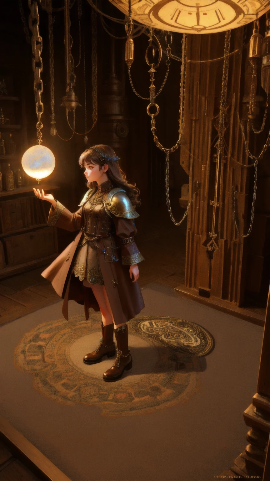 A highly detailed 3D illustration featuring a cute girl character in a whimsical fantasy setting, surrounded by ancient chains and holding a glowing orb. The environment is a dimly-lit, mysterious workshop filled with mystical artifacts and tools, all set against a rugged brown background. The floor displays a 'Rug-Pull-Proof Carpet' theme, blending fantasy and steampunk elements seamlessly. The brown-toned background enhances the magical and mechanical atmosphere, ensuring the girl fits perfectly into this enchanted world.