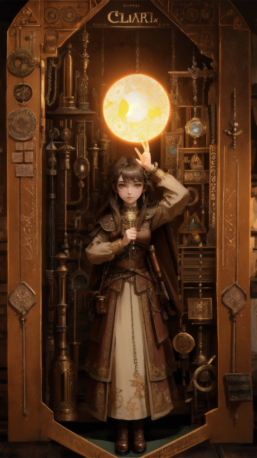 A highly detailed 3D illustration featuring a cute girl character in a whimsical fantasy setting, surrounded by ancient chains and holding a glowing orb. The environment is a dimly-lit, mysterious workshop filled with mystical artifacts and tools, all set against a rugged brown background. The floor displays a 'Rug-Pull-Proof Carpet' theme, blending fantasy and steampunk elements seamlessly. The brown-toned background enhances the magical and mechanical atmosphere, ensuring the girl fits perfectly into this enchanted world.