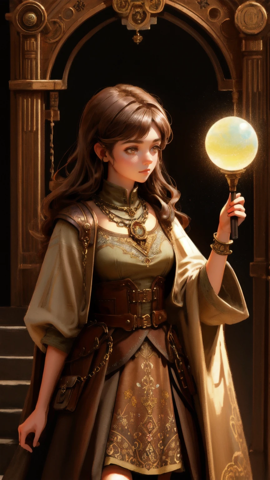 A highly detailed 3D illustration featuring a cute girl character in a whimsical fantasy setting, surrounded by ancient chains and holding a glowing orb. The environment is a dimly-lit, mysterious workshop filled with mystical artifacts and tools, all set against a rugged brown background. The floor displays a 'Rug-Pull-Proof Carpet' theme, blending fantasy and steampunk elements seamlessly. The brown-toned background enhances the magical and mechanical atmosphere, ensuring the girl fits perfectly into this enchanted world.